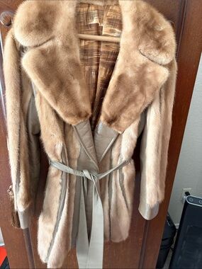 Vintage Tan Mink Fur Trim Leather  Coat